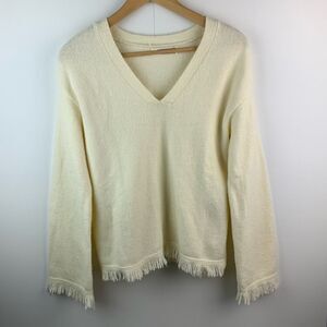 By Anthropologie Joy Alpaca Wool Blend Fringe V-neck Sweater, Cream - Size S